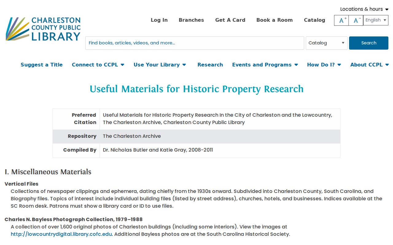 Charleston County previous residents historic property research guide