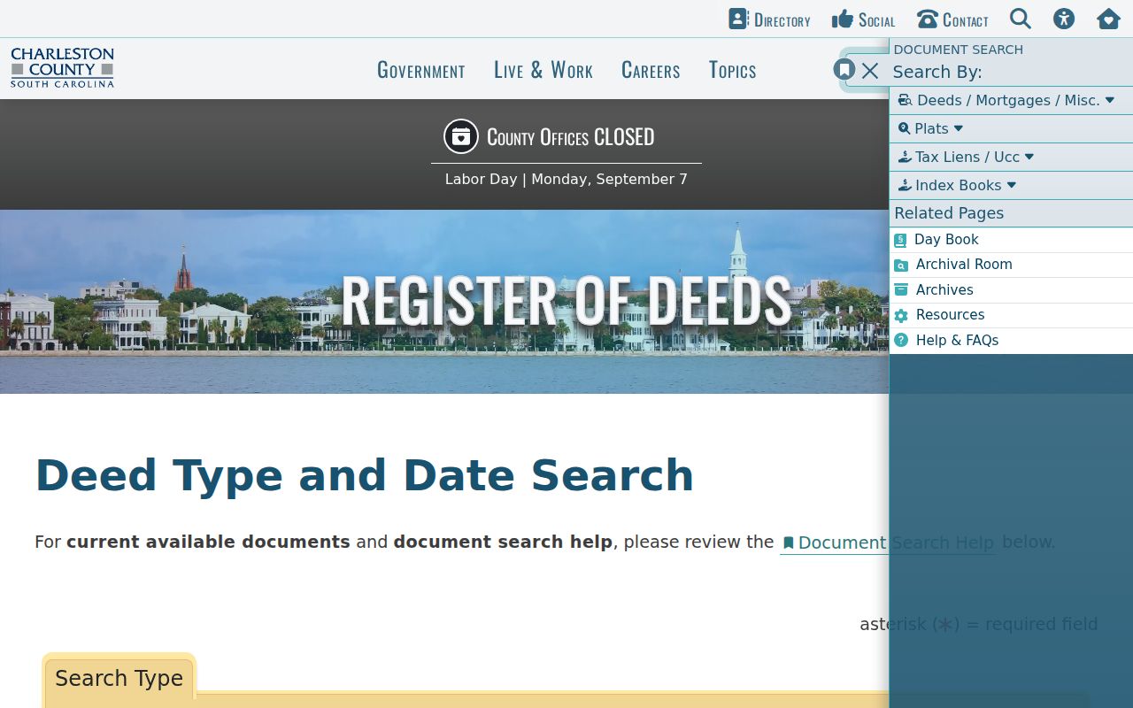 Charleston County previous residents deed search at the Register of Deeds